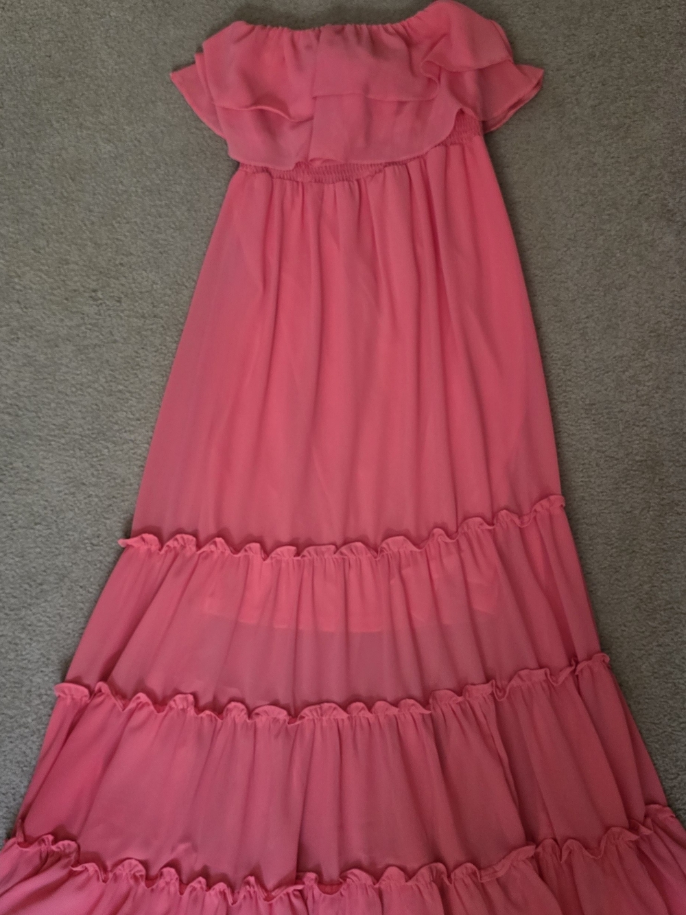 Ruffled Strapless Maxi Dress in Bright Coral Pink